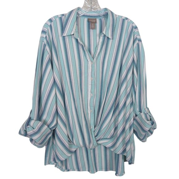 Chico's Striped blue white blouse sz 3 sz 16 with Twist front design Tab Sleeves - Picture 1 of 14